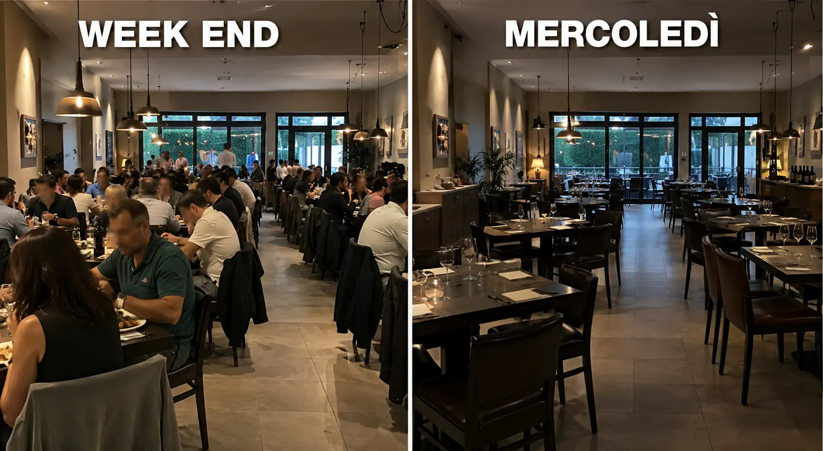 Confronto tra la sala piena nel week end e la sala vuota di mercoledì