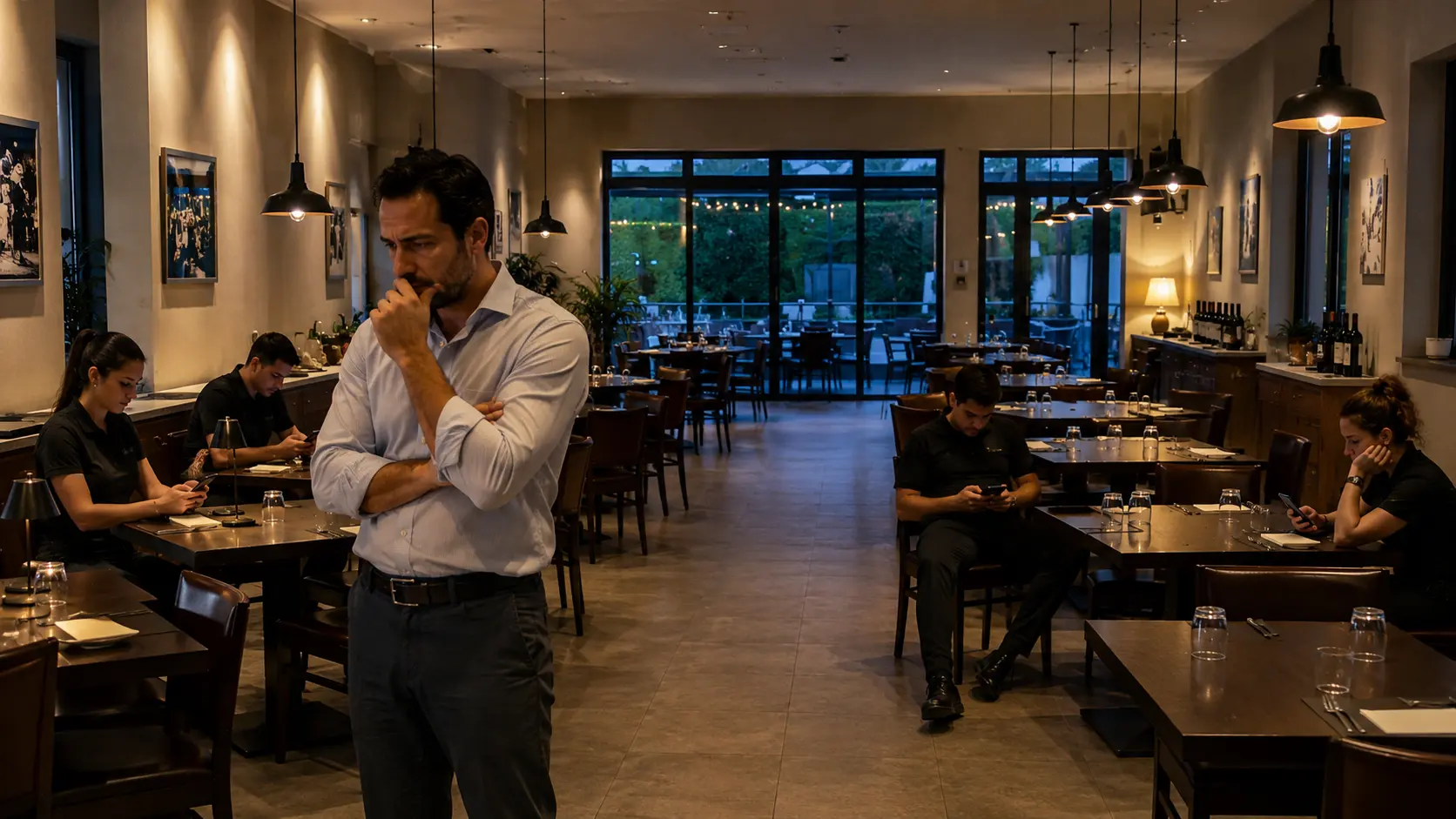 Titolare pensieroso nella sala mezza vuota del suo ristorante